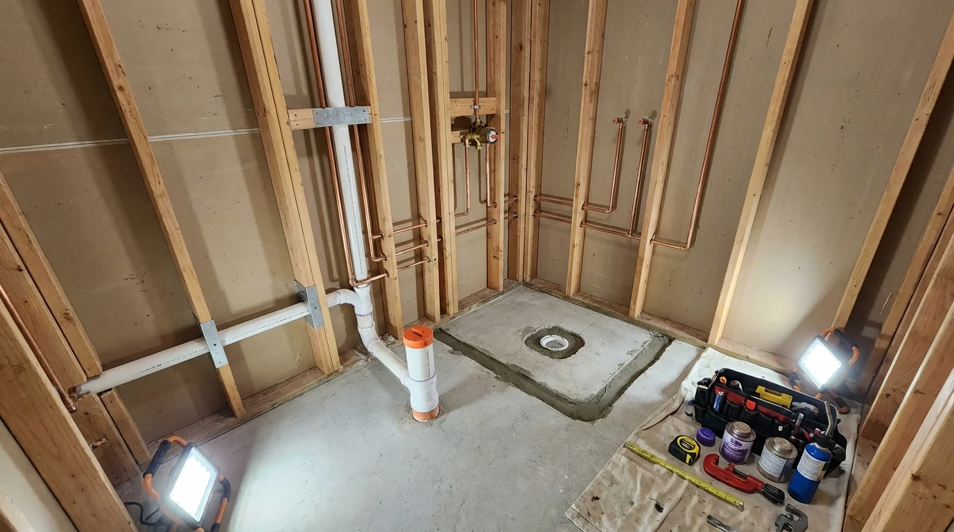 Bathroom rough-in plumbing during remodel by Johns Plumbing LLC in Cayucos