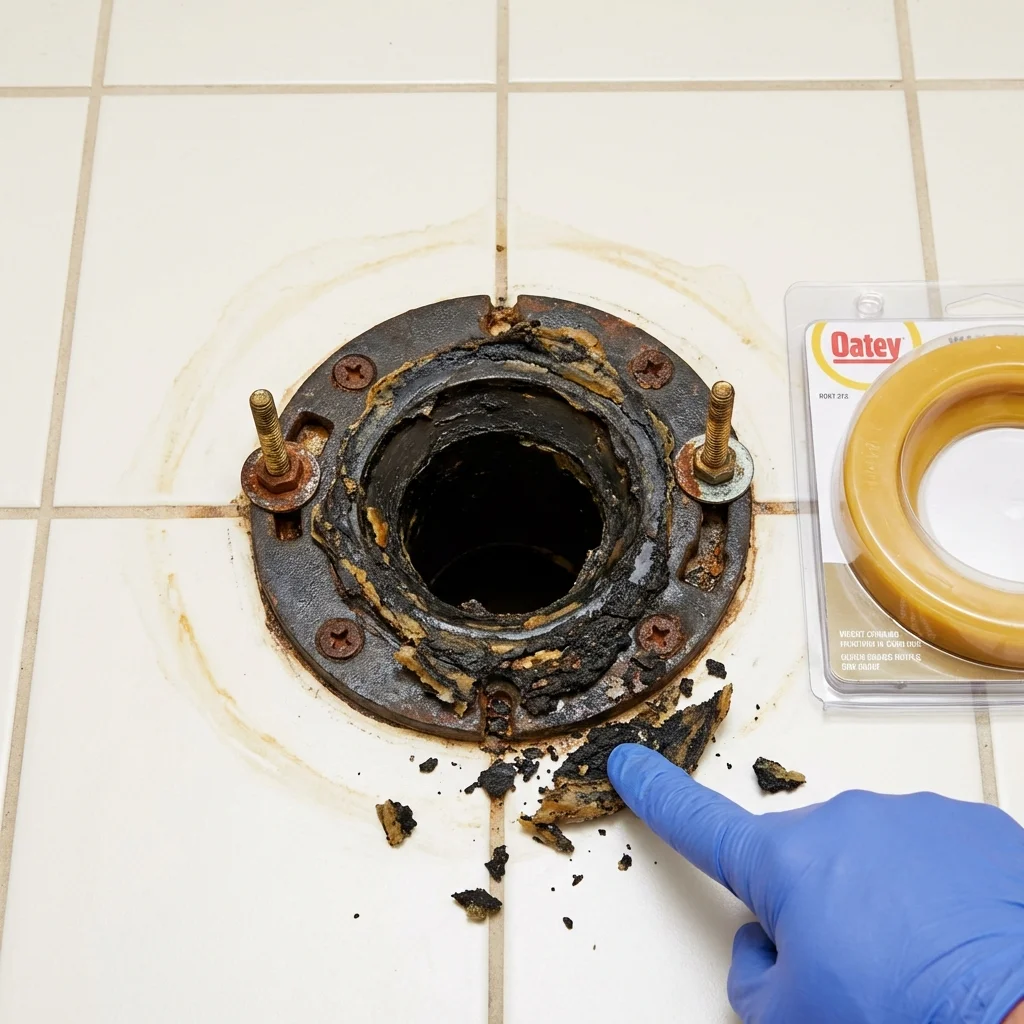 Failed wax ring showing water seepage at the base of a toilet in a Cayucos, CA home